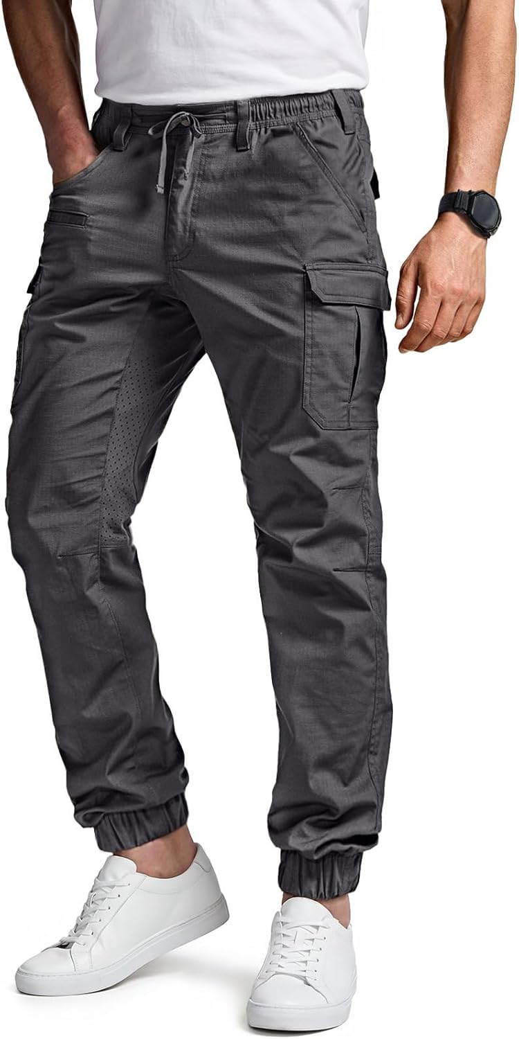 CQR Men's Flex Lightweight Joggers, Elastic Waist Drawstring Casual Pants, Tapered Fit Water Resistant Outdoor Cargo Pants