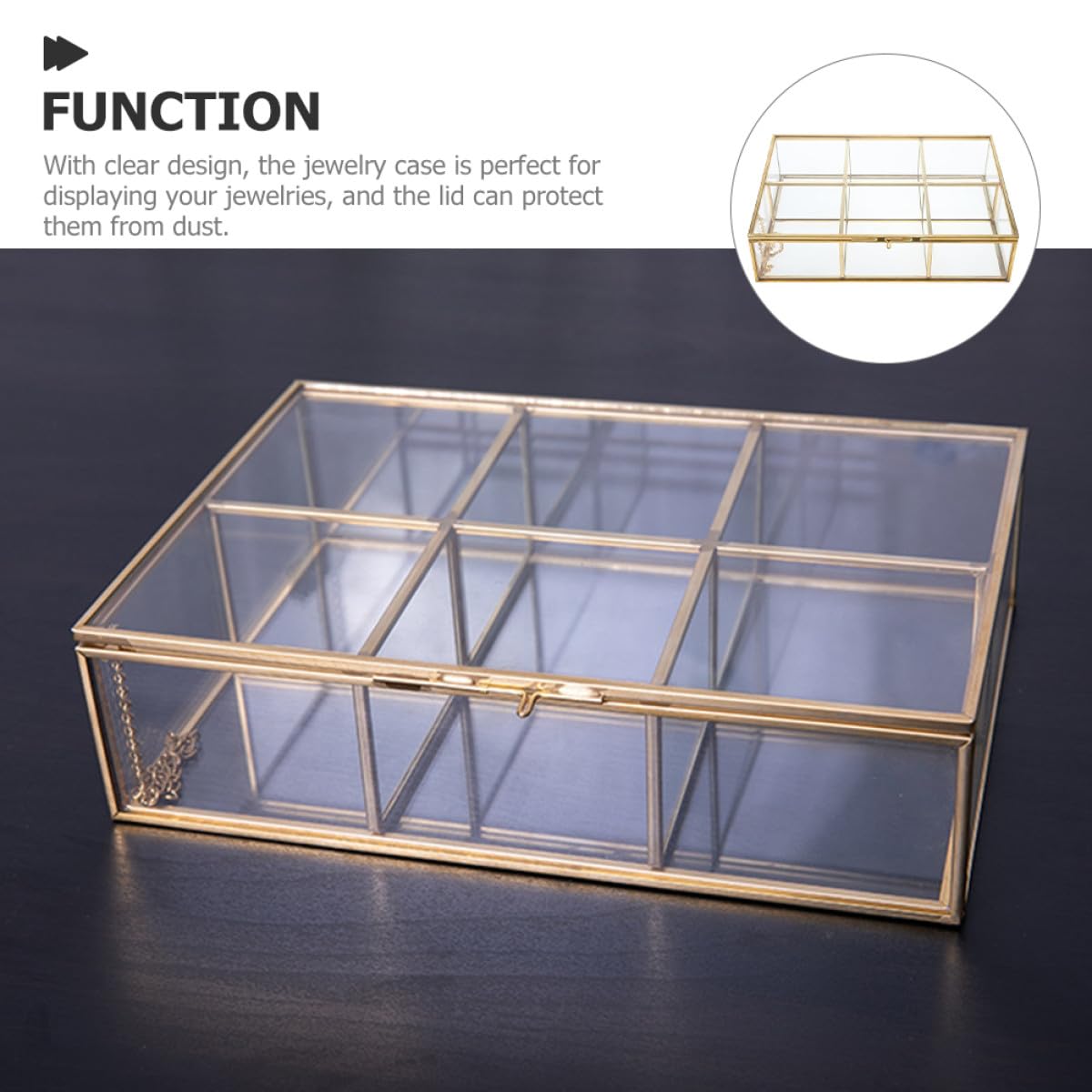VANZACK Schmuckaufbewahrungsbox mit Sechs Fächern aus Legierung und Glas | Halsketten und Schmuck, Transparentes Design, zum Aufbewahren und Präsentieren, für Schreibtisch