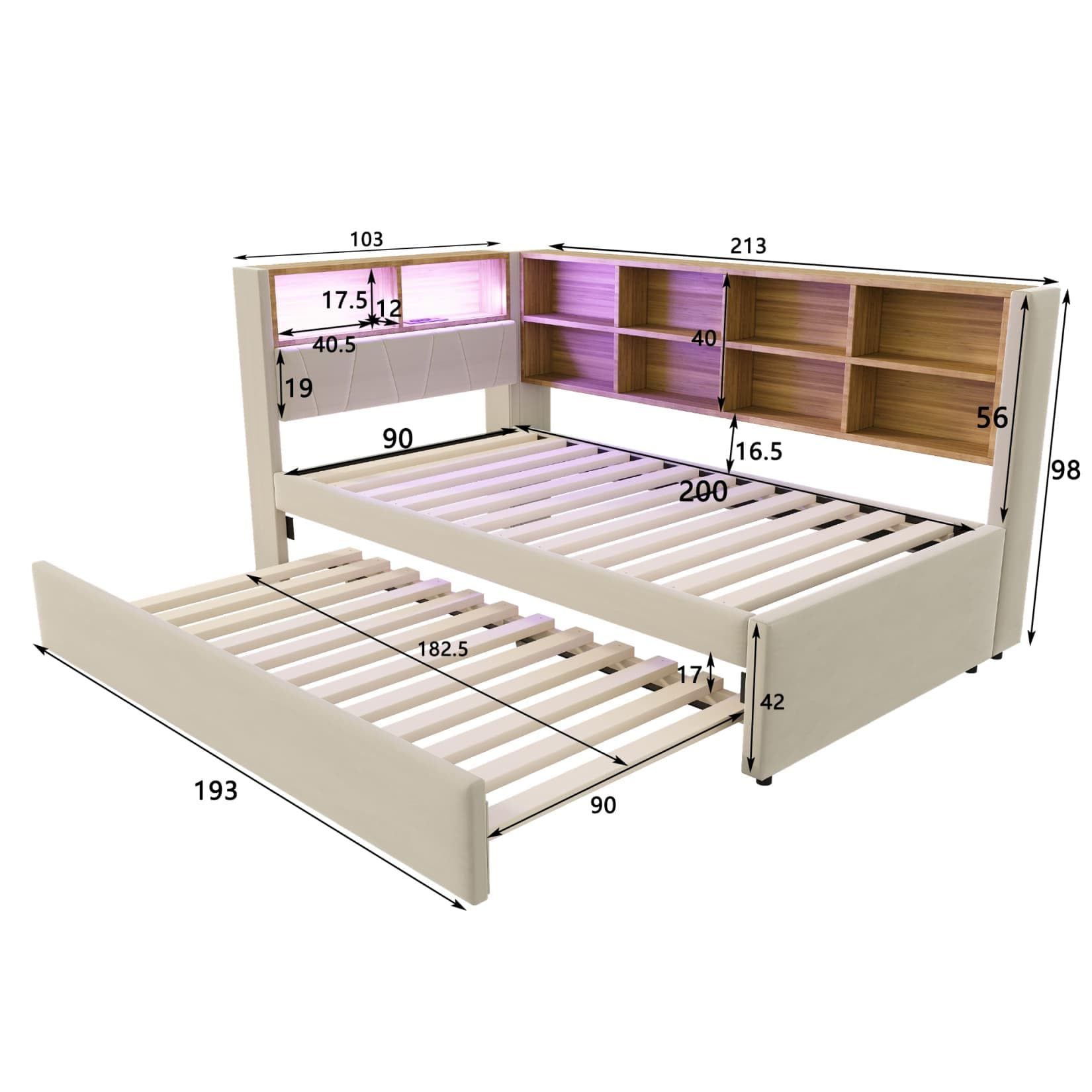 PUGSDRLY Lit 1 Place 90x200cm avec lit gigogne 90x190 et Compartiments de Rangement,Canapé Lit avec Lampes LED,Prise électrique et Port USB,pour Enfant Adolescent Adulte,sans Matelas (beige-90B)