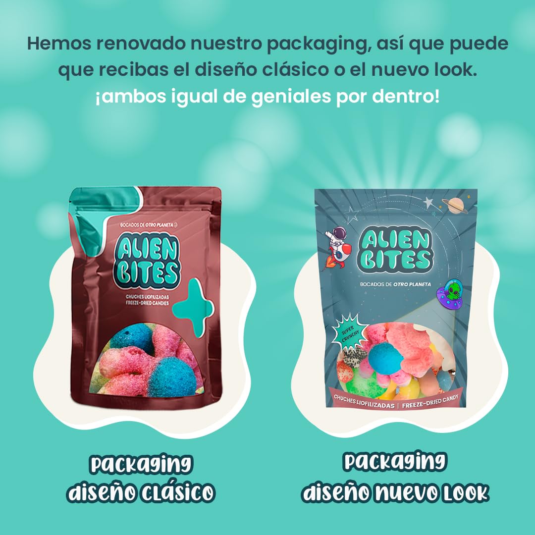Alien Bites - Pack de 4 Bolsas de 50g de Chuches Liofilizadas - Gominolas Freeze Dried - Chuches para Cumpleaños, Regalos y Snacks - Sin Gluten (Pulpo, huevo, manzana, cola) (P1)