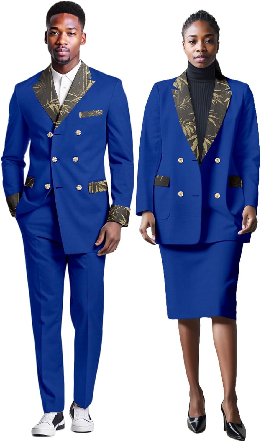 African Clothes for Couple Men Double Breasted Blazer and Pant Set Women Blazer and Skirt Set