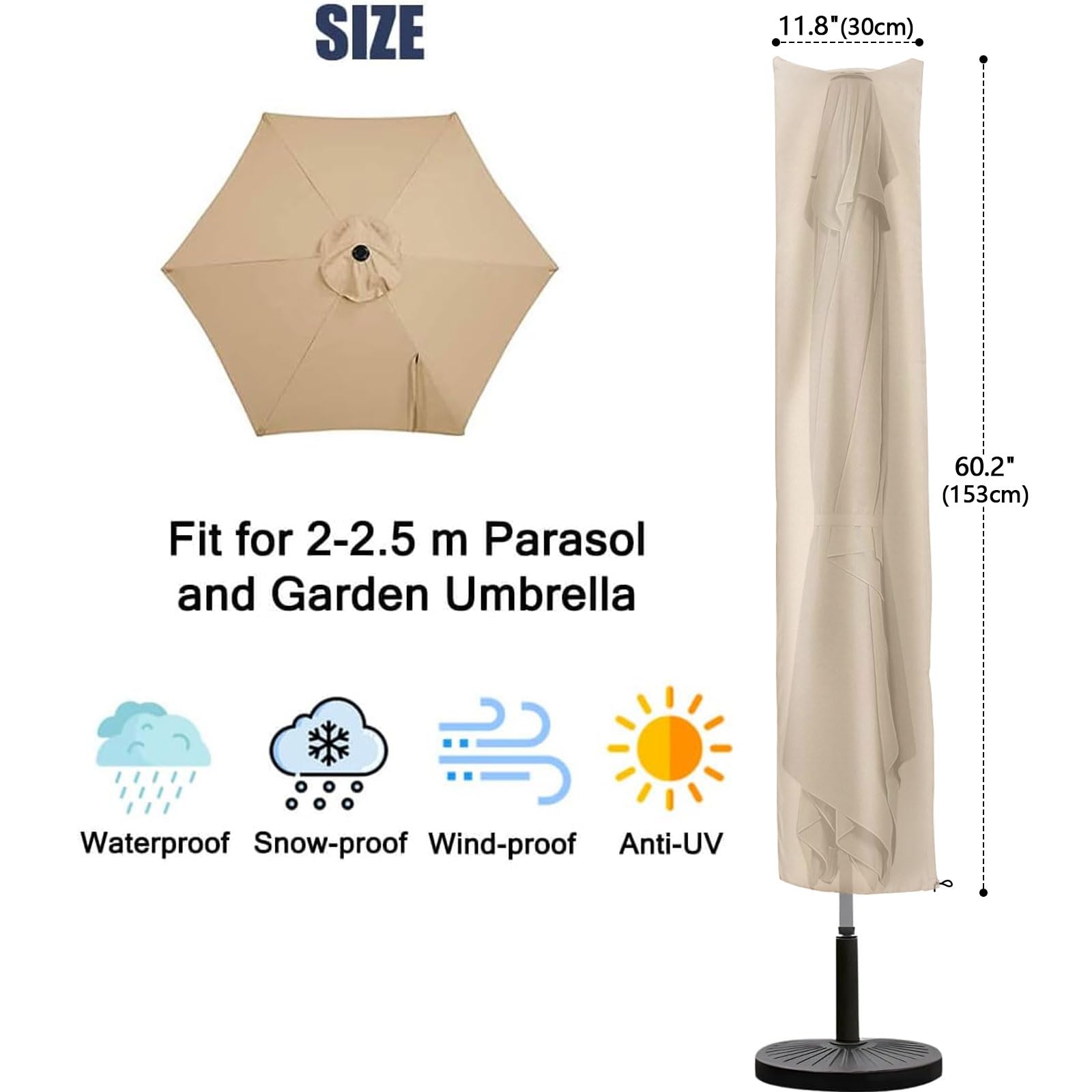 RICHIE Garden Parasol Cover Patio Umbrella Covers for Parasol Fits 2 to 3m Diameter Parasols 153x30x30cm Waterproof Tear Resistant 600D Oxford PVC Coating with Drawstring Cord at Bottom - Image 3