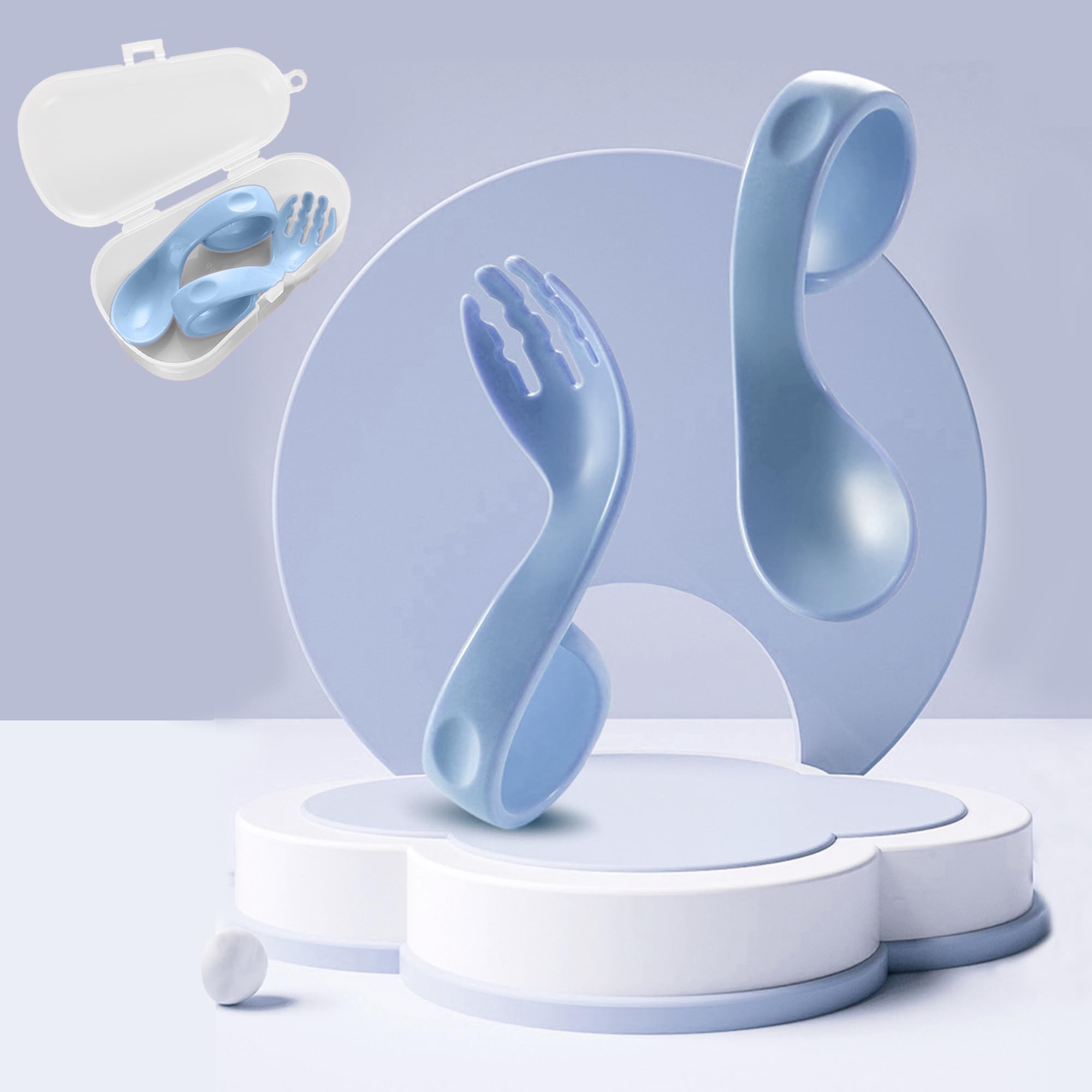 Babymoon Learn to Eat Baby Self Feeding Set | Silicone Spoon and Fork Along with Storage Box | Blue-image-30