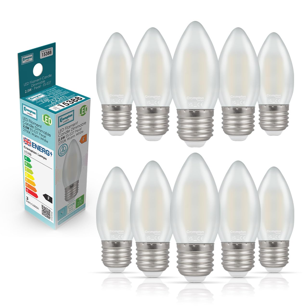 Crompton Lamps Filament Candle LED Light Bulb ES-E27 | 2.5W = 25W Equivalent | Warm White 2700K | Energy Efficient | Edison Screw Lightbulb | Long Life 15000-Hrs | Pearl Glass | Dimmable | 10-Pack