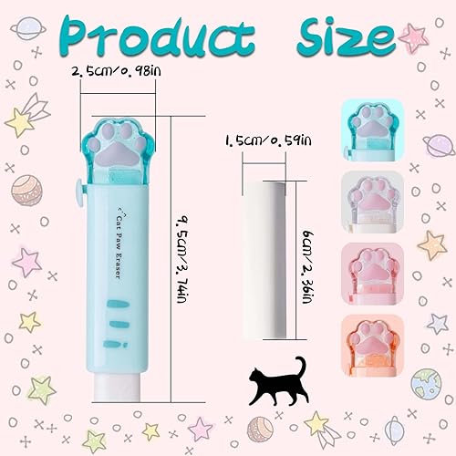 Vista 2 de Borradores en forma de pata de gato, 4 borradores retráctiles Kawaii con 4 piezas de borrador Papermate con diseño de goma para niños y niñas