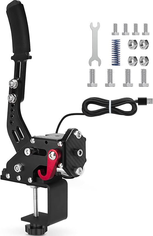 aikeec USB Sim Racing Handbrake PC, Compatible with G27 G29 G920 T300 T500 | Black with Clamp Compatible with Logitech/Thrustmaster/Fanatec, Reinforced Spring, Hall Sensor, Windows 2M nylon cable
