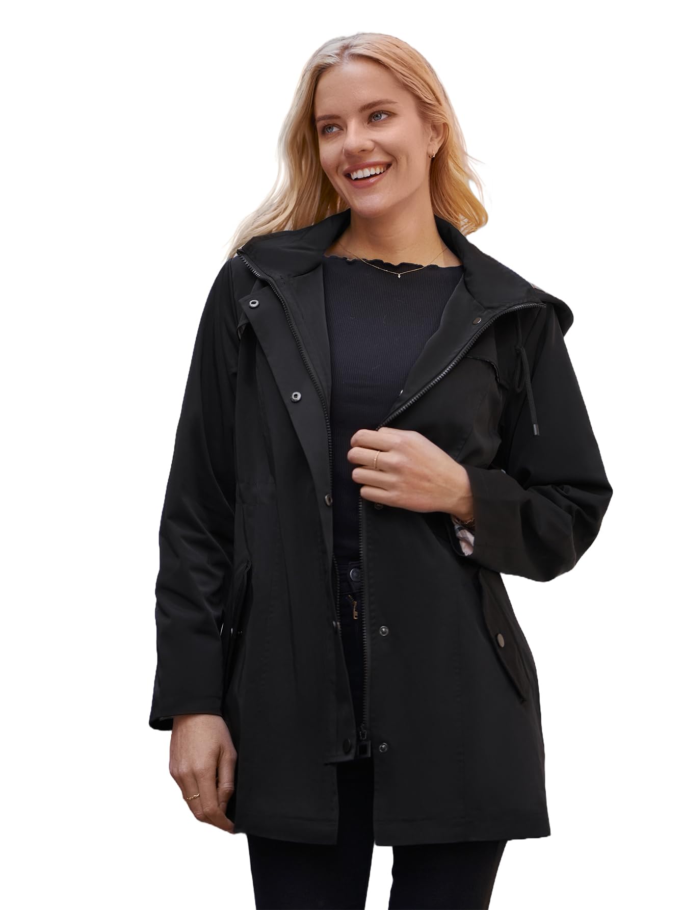SaphiRose Lange Regenjacke für Damen, Outdoor-Regenmantel, Windbreaker, mit Kapuze