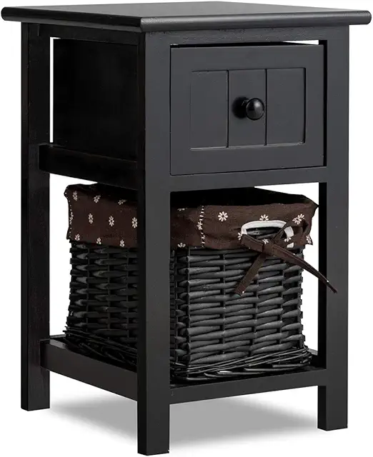 Black Wicker End Table with Drawer & Basket - Shabby Chic Nightstand