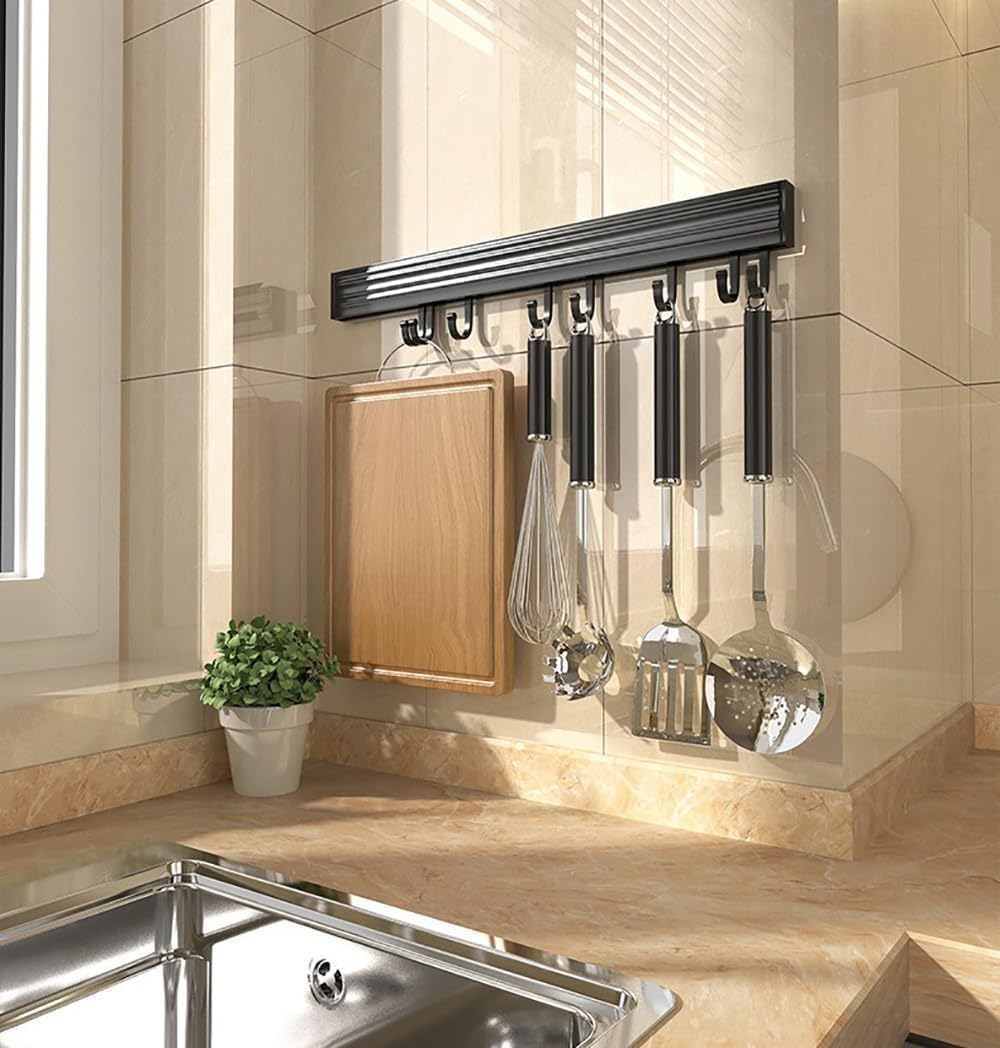 Kitchen utensils holder，Kitchen hooks， 2 Pieces Utensil Rack with Movable Hooks Aluminum Hanging Kitchen Rail for Pot Pan Spoon Wall Mounted Utensil Holder Rack for Kitchen Bathroom Bedroom