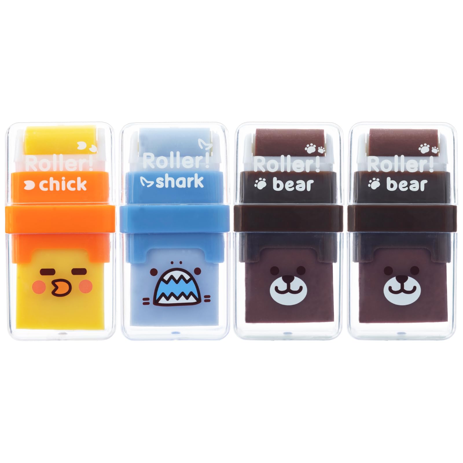 M&G Pencil Erasers with Clean up Roller and Cover, 4 Pack Cute Rubber Erasers for Kids, Animal Cartoon Fun Eraser with Shaving Roller, Great Gift for