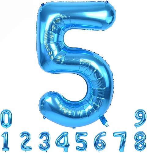 TONIFUL Globo azul de 40 pulgadas con números grandes del 0 al 9, decoración de fiesta de cumpleaños, globo de aluminio Mylar número 5 digital 5