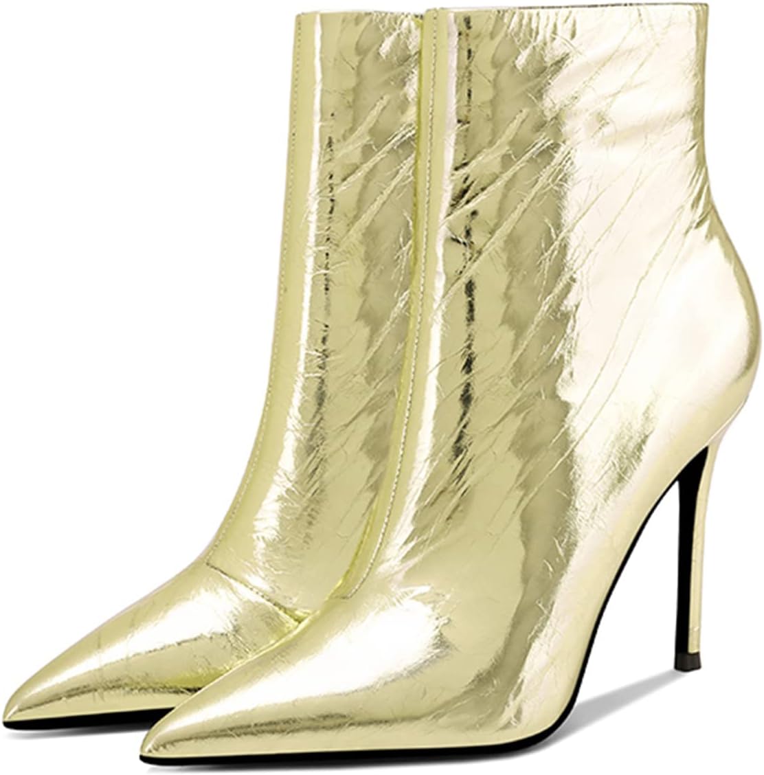FSJ Women Stylish Metal Texture Sexy Pointed Toe Short Mid Calf Comfortable Stiletto High Heels Dress Single Ankle Boots Side Zip Office Lady Shoes Size 4-15 US