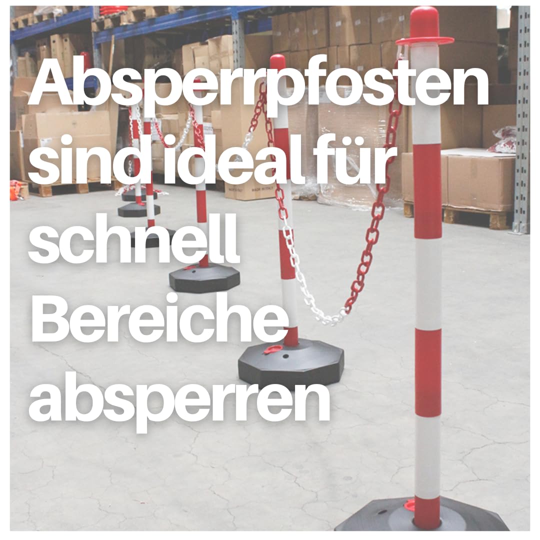 6er Set Absperrpfosten Rot-Weiß mit 22 m Kette – Absetzpfosten aus robustem Kunststoff für Innen & Außen – Begrenzungsposten, Absperrband, Verkehrssicherung