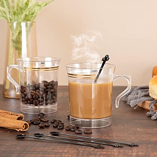 Miniatura 5 de Nervure Paquete de 60 tazas de café de plástico dorado transparente con 60 agitadores de café negro, tazas de café desechables de 8 onzas con asas y