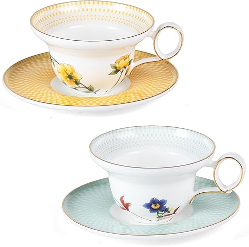 Miniatura 20 de KAMMAK Juego de 2 tazas de café de cerámica, tazas de café de porcelana con platillos, 6.52 onzas hechas a mano, elegante taza de té de porcelana de