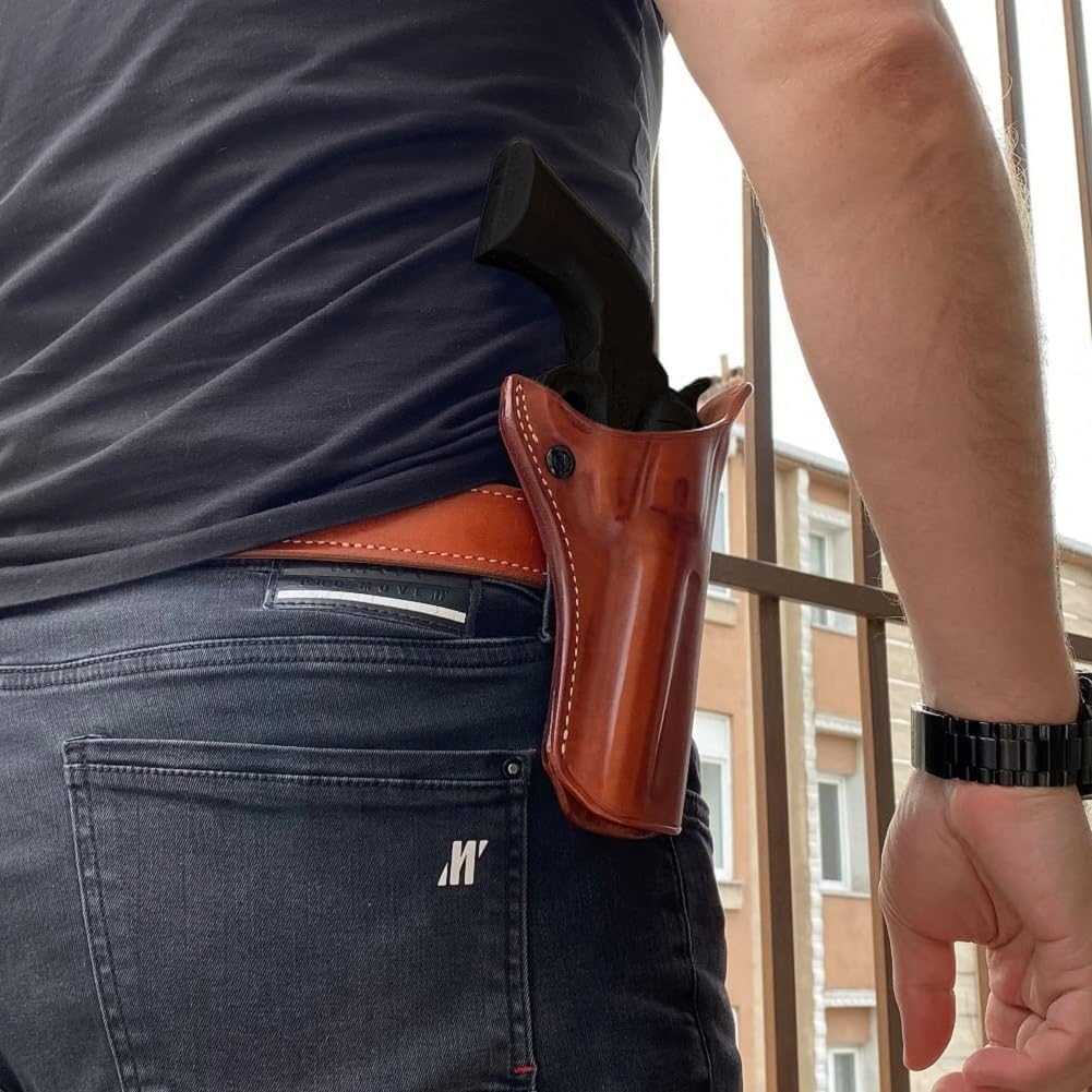 Leather Paddle OWB Revolver Holster Open Top, Fits Pietta 1858, 44 Cal Remington Sheriff 5.5" Octagon Barrel Black Powder, R/H Draw, Brown Color #1579#