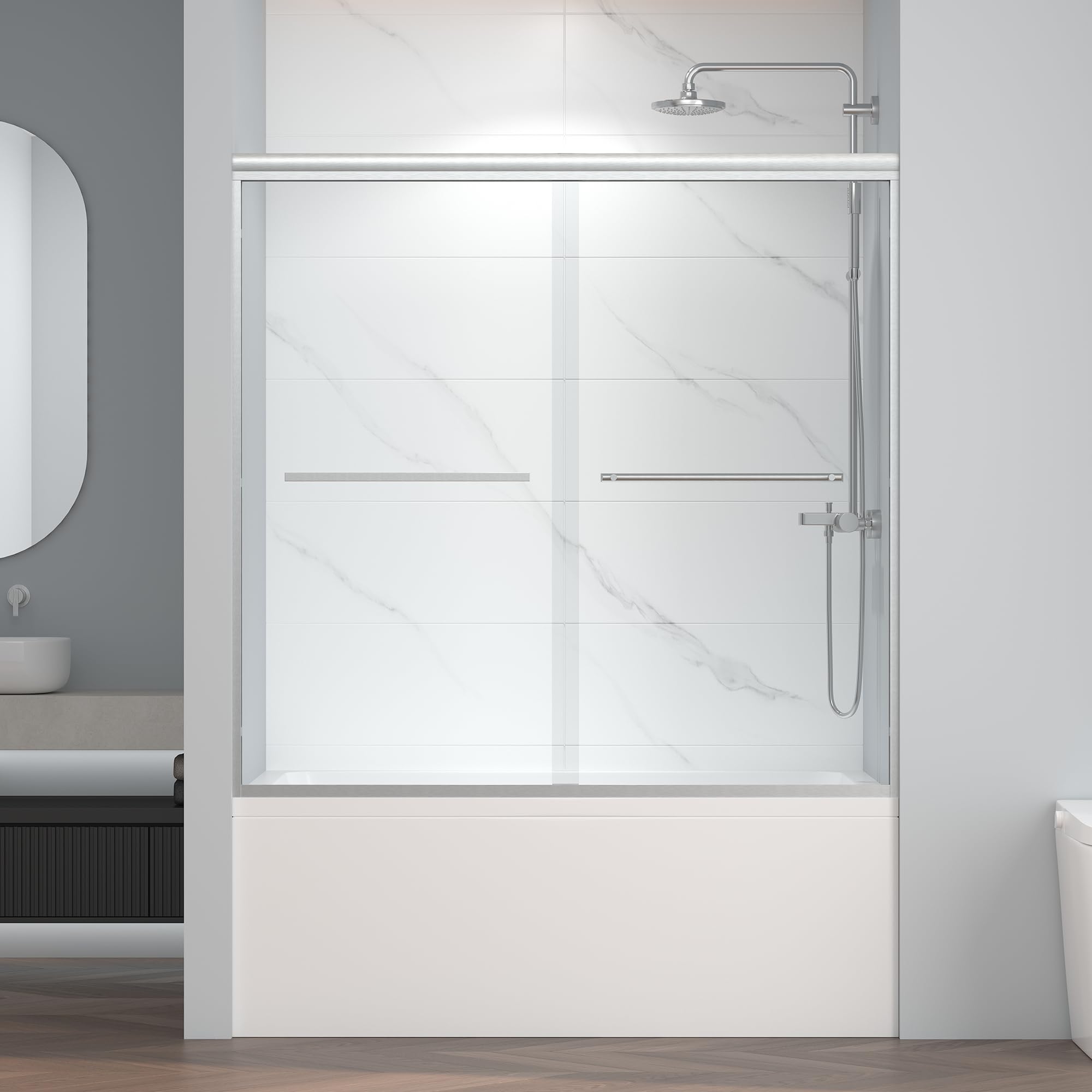 ENSO SENKA 60" W x 58" H Bypass Bathtub Shower Door, Semi-Frameless Double Sliding Glass Tub Door, SGCC Certified 1/4" (6mm) Clear Tempered Glass, Brushed Nickel Finish