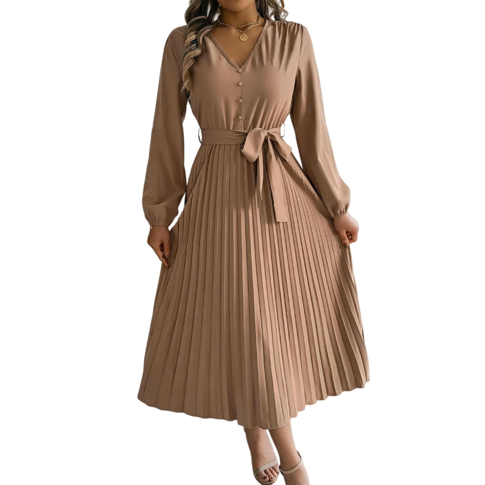 Vestito Manica Lunga Donna Plissato Maxi Abito, V Collo Pizzo su Bottone Dettaglio Elegante per L'autunno Inverno Casual & Indossamento Serale-Khaki-s