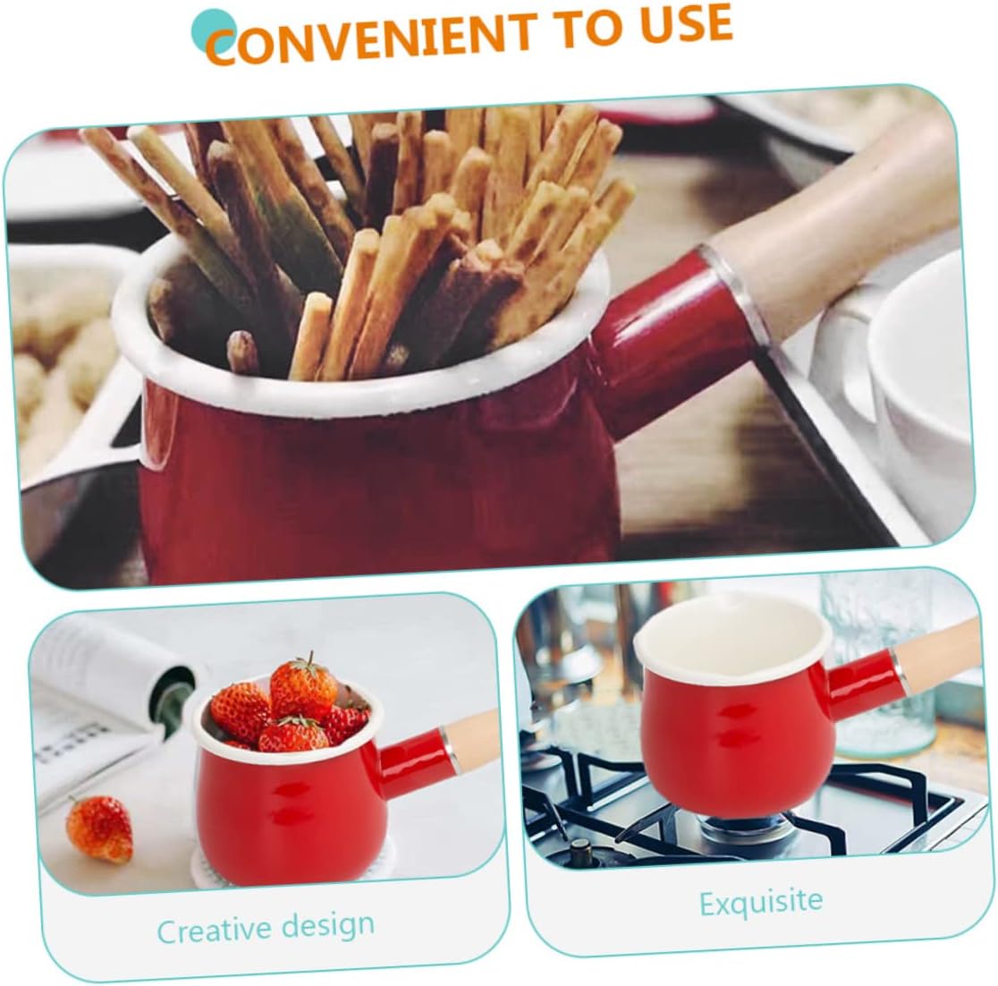 Enamel Milk Pot for Food Portable Butter Warmer with Comfortable Handle Non-stick Small Pan for Easy Cleaning and Uniform Heating Red Japanese Design