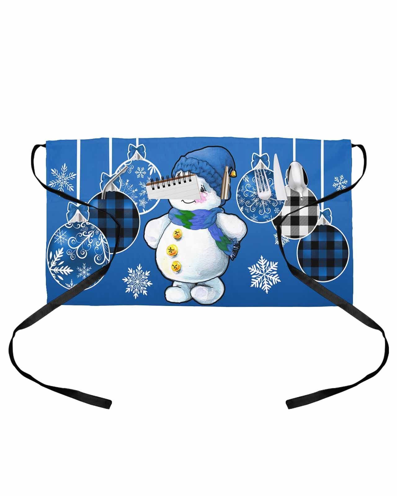DecorLovee Delantal de camarera de Navidad con 3 bolsillos, muñeco de nieve de Navidad, bolas rojas, copo de nieve, delantal de cocina de media cintura