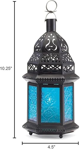 Vista 2 de Koehler 37438 - Linterna de cristal estilo marroquí de 10.25 pulgadas, 4.5 x 3.75 x 10.2 pulgadas, azul, negro