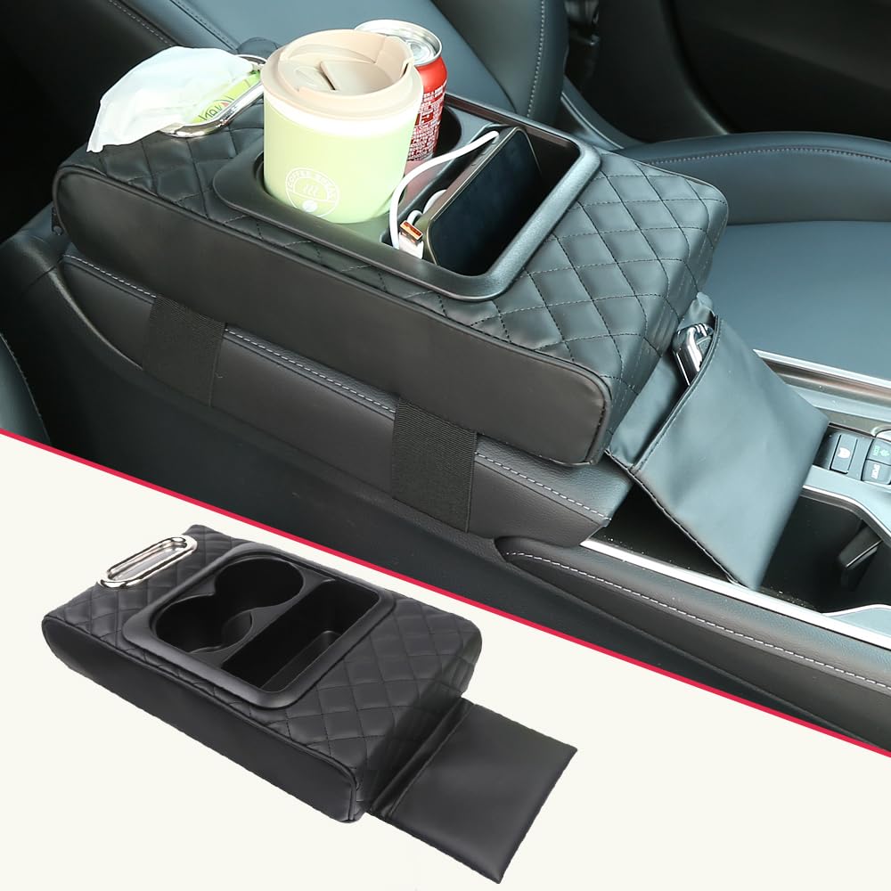 JDM Middli Multi-Functional Adjustable Armrest Cushion - Universal Car Boat Sofa Pad with Built-in Tissue Box & Cup Holder, Faux Leather Storage