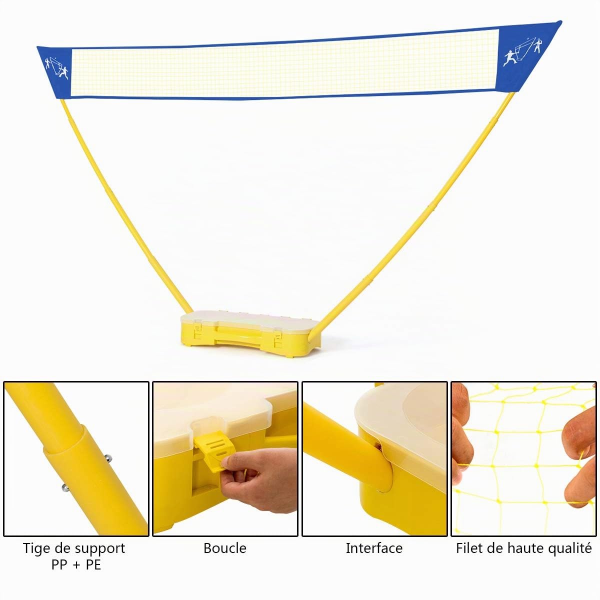 COSTWAY Filet de Badminton Portable 3M x 1,5 M avec Base de Rangement et Sac de Transport Set de Badminton 4 Raquettes, 2 Volants Installation Rapide pour Jeu de Plage,de Jardin