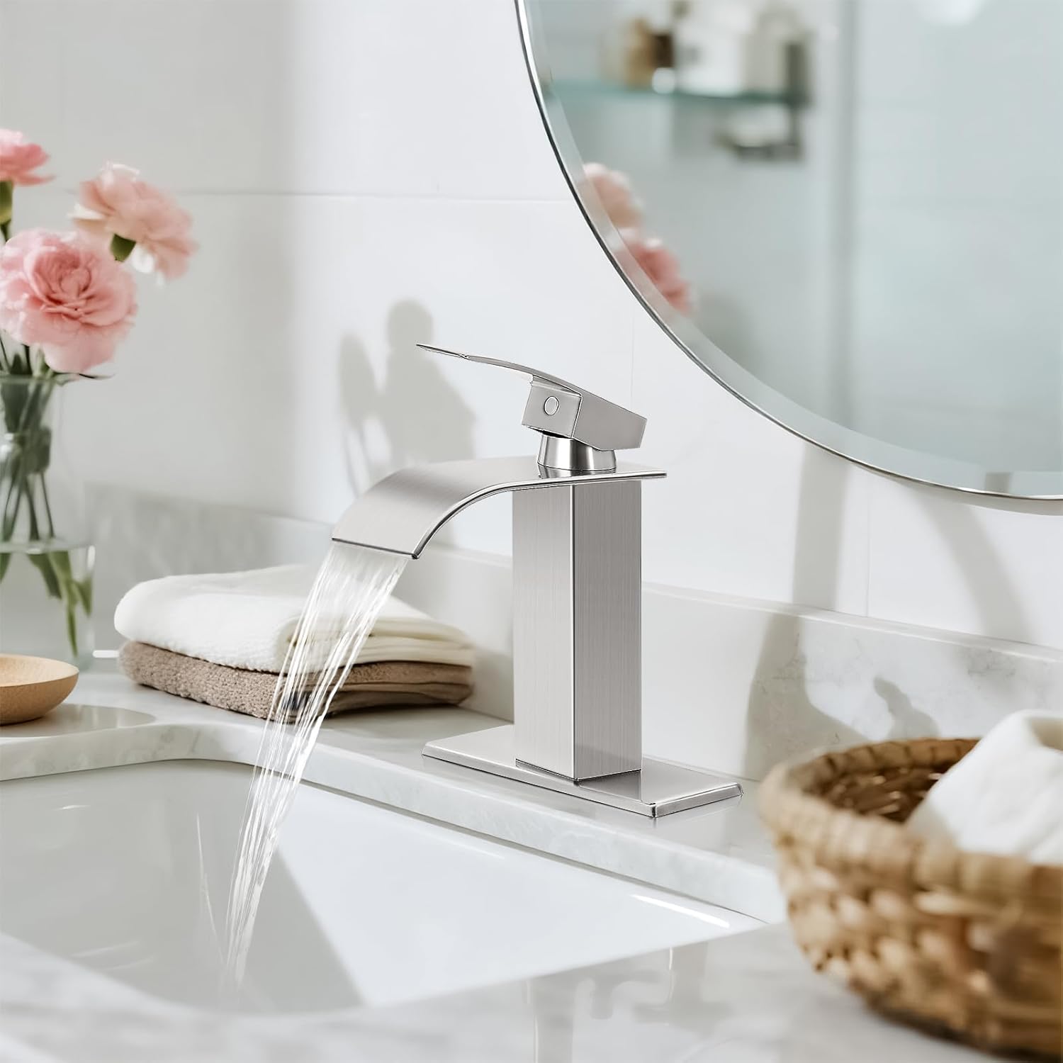 Brushed Nickel Bathroom Faucets, Waterfall Bathroom Sink Faucet Single Handle Bathroom Faucet for 1 or 3 Hole, Mixer Tap Vanity Faucet with Deck Plate, Pop-up Drain and Supply Hoses
