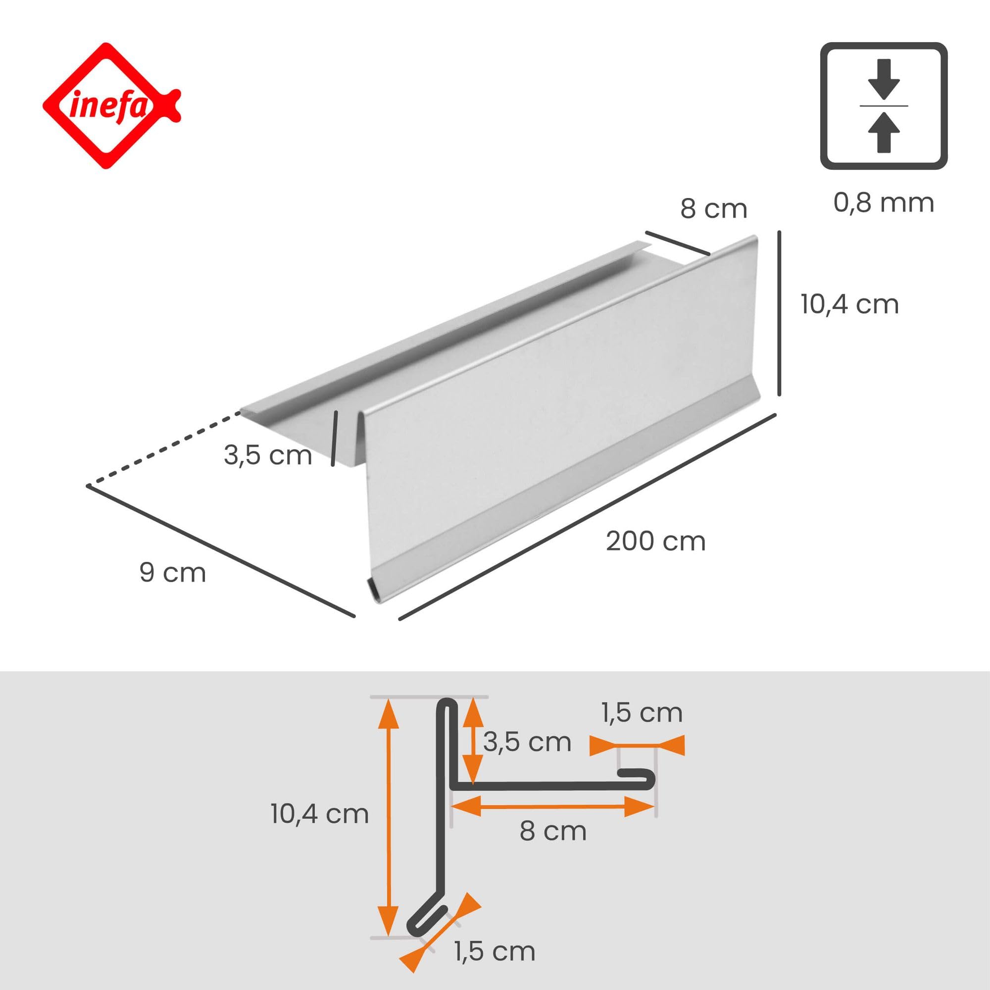 INEFA Tapajuntas de borde de aluminio con pliegue de agua 200cm, Tapajuntas de borde de plata para un drenaje óptimo del tejado, accesorios para canalones, tapajuntas de aluminio