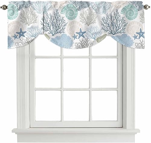 Cenefa de amarre para ventanas, cortinas náuticas costeras de coral, cenefas con bolsillo para barra, cortinas de ventana con temática de playa,