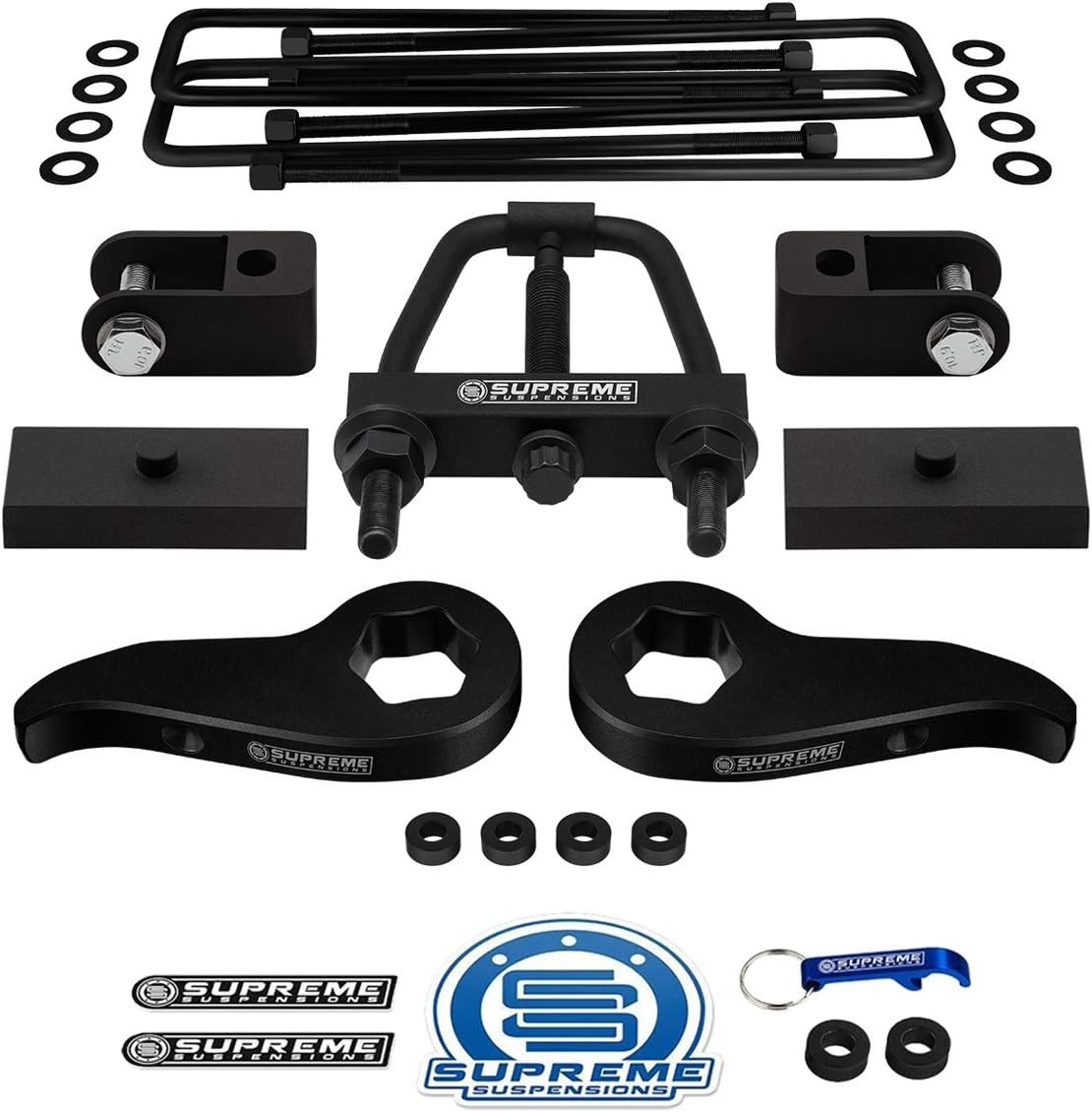 Supreme Suspensions - Full Lift Kit for 2011-2019 Silverado Sierra 2500HD 3500HD 4x4 - Adj. 1" to 3" Front Lift Torsion Keys + 2" Rear Lift Blocks + Square U-Bolts + Shock Extenders + Torsion Tool