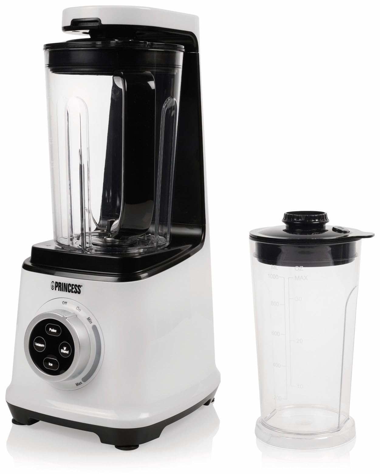 Princess Vakuum-Mixer – 6 Klingen, 1,5 L Mixbehälter, 1 L Trinkflasche, Stufenloser Drehregler, 800 Watt, Impulsfunktion BPA-Frei, 219600 weiß, schwarz