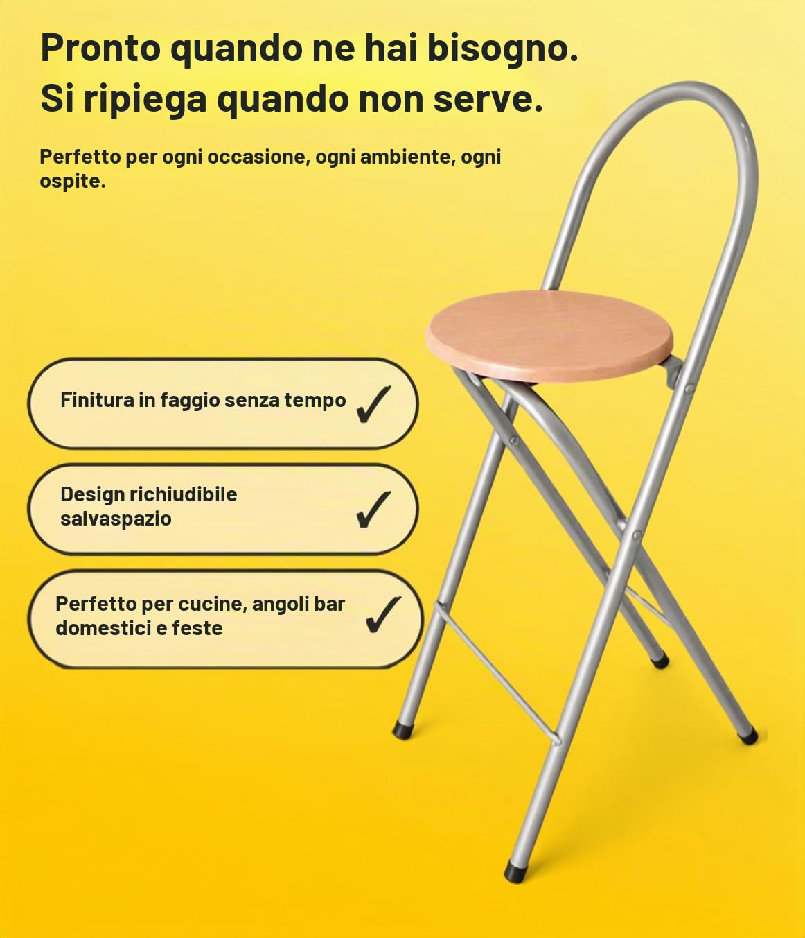KMH® Sgabello Bill Set 1, pieghevole, schienale & pedana – Argento/Faggio | Altezza seduta 73 cm, montato, pieghevole salvaspazio, telaio in acciaio e seduta MDF decoro faggio – cucina, bar, eventi