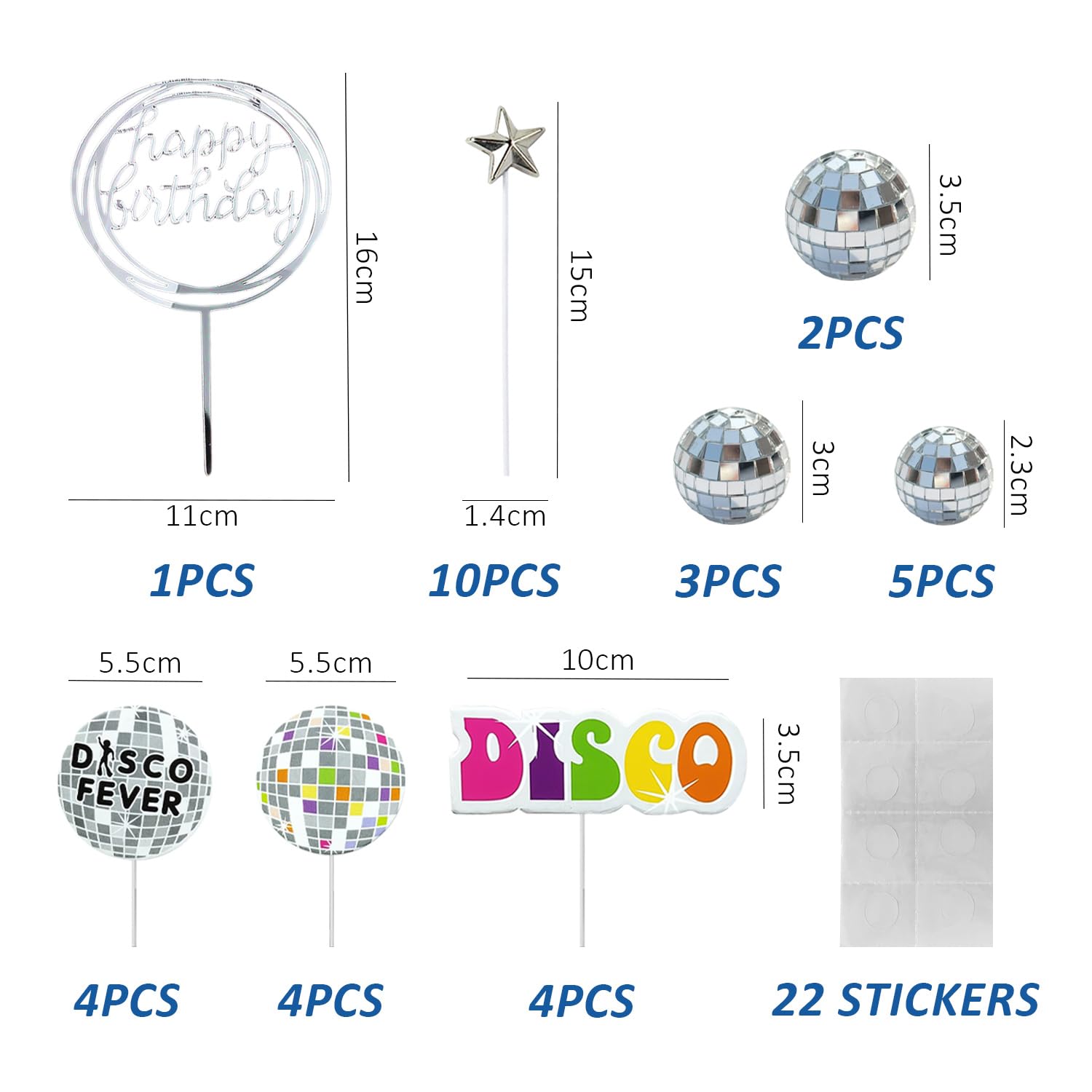 Ensemble 33 Pièces Inserts Décoration Gâteau - Boules Disco Brillantes, Étoiles Et Carte Anniversaire