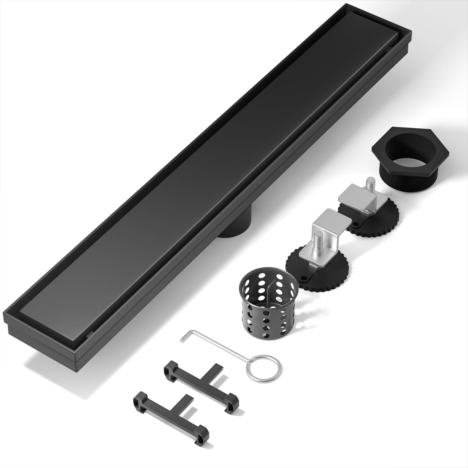 Linear Shower Drain Black 24 Inch,304 Stainless Steel with Adjustable Leveling Feet, Hair Strainer,Reversely Install the Floor Drain Cover and Place the Ceramic Tile to Create an Invisible Floor Drain