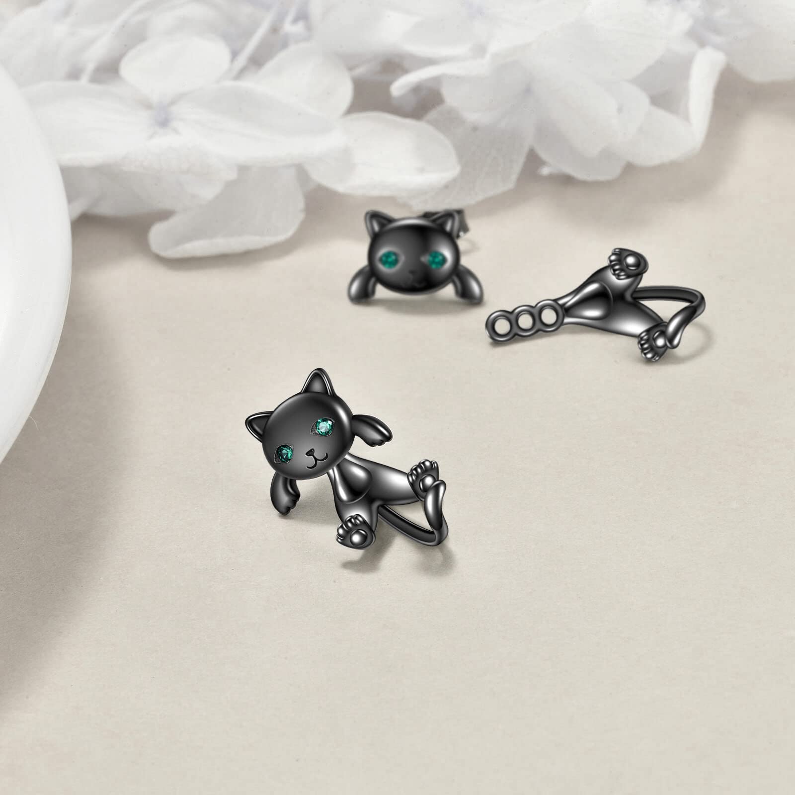 POPLYKE Schwarze Katze Ohrstecker für Frauen 925 Sterling Silber Katze Ohrringe für Mädchen Schwarze Katze Schmuck Geschenke für Katzenliebhaber