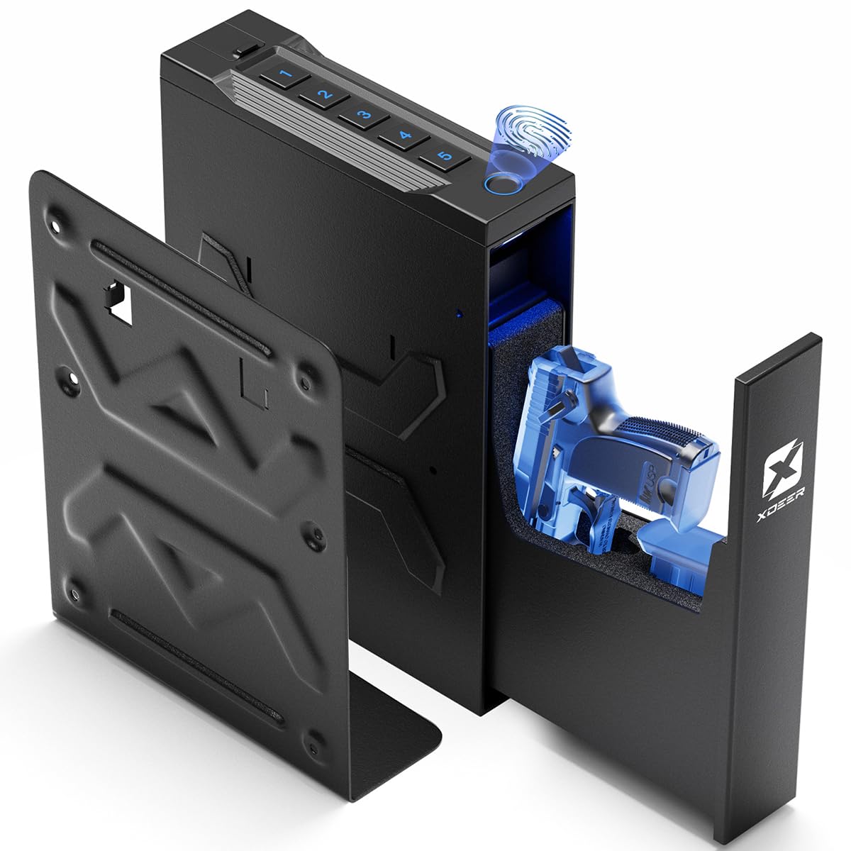 Xdeer Gun Safe,Mounted Biometric Nightstand Handgun Safe with Quick Access,Pistol Safes for Wall Bedside Desk Vehicle with the Fingerprint, Keypad, Pistol Holder,Carbon Knight Series