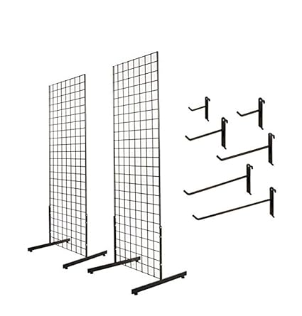 Only Hangers 2' x 6' Gridwall Panel Tower with T-Base Floorstanding Display Kit 2-Pack Black or White (Black KIT with Hooks)
