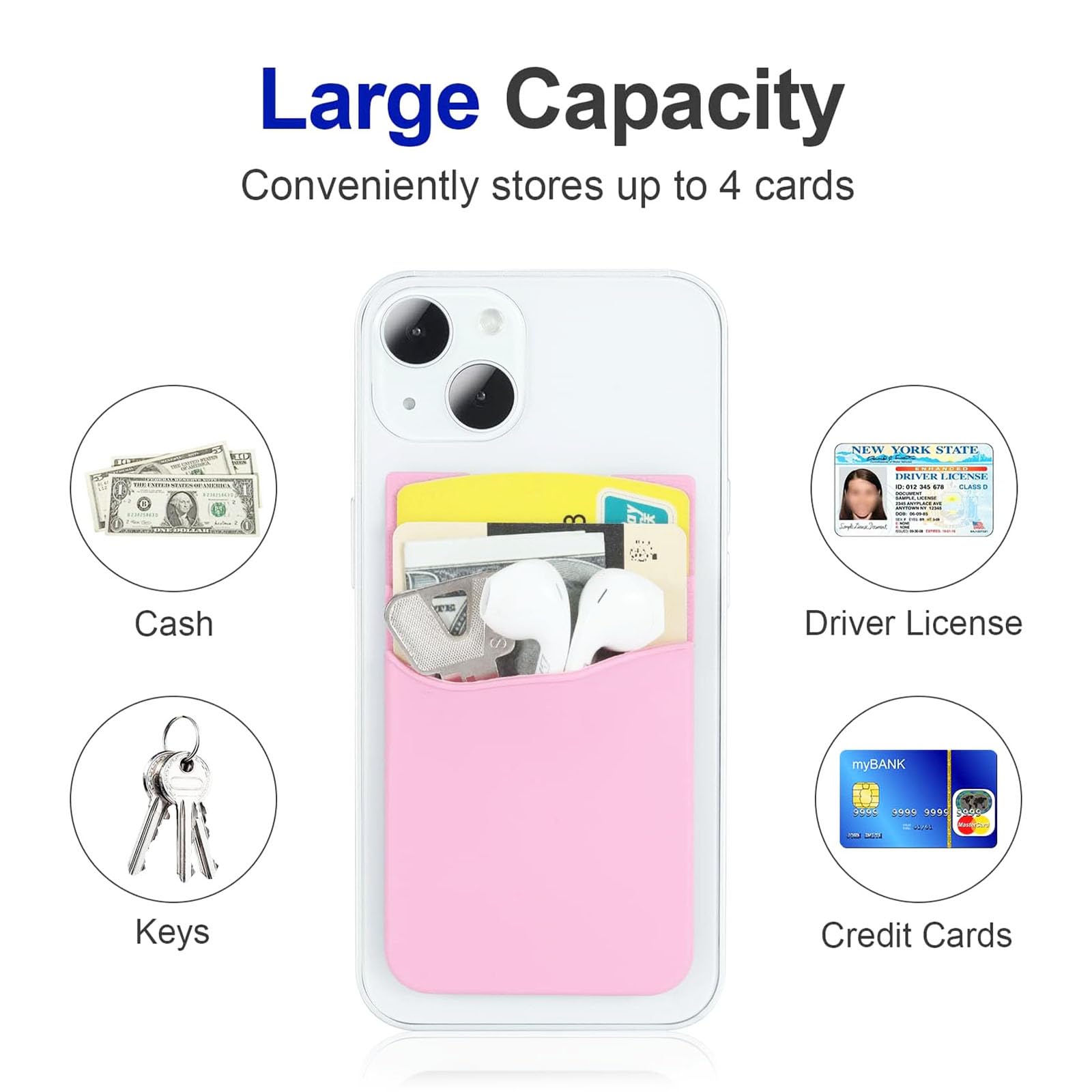 Confezione da 4 porta carte adesive per telefono, in silicone, autoadesivi, per retro del telefono, portafoglio per cellulare, carte di credito, Nero Bianco Grigio Grigio Chiaro, ALL PHONE,