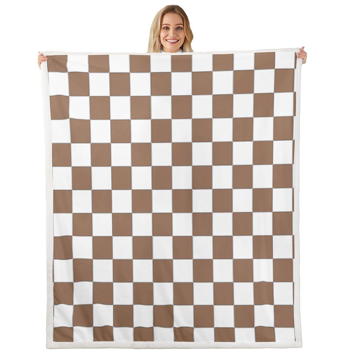 Erosebridal Geometric Checkered Sherpa Blanket White Khaki Checkerboard Grid Fleece Bed Blanket Baby 30"X40",Buffalo Plaid Gingham Throw Blanket for Kids Adults Men Geometrical Fuzzy Blanket