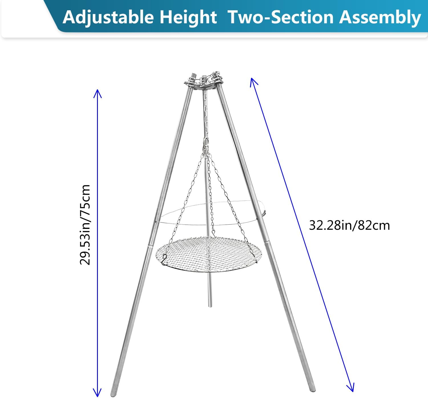 YBTMG Camp Fire Tripod for Cooking, Stainless Steel Camping Fire Grill with Adjustable Chain, 13.78" Stainless Grill Grate for Camping Hiking BBQ