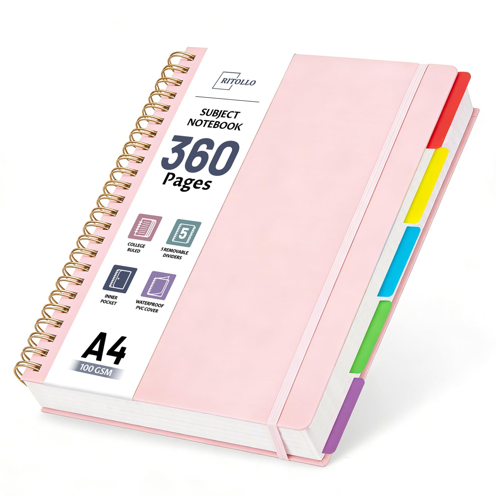 RITOLLO 360 Pages A4 Spiral Notebook, 5 Subject College Ruled Notepad, 100 GSM Thick Paper, Lined Notebook with Removable Dividers, PVC Black Cover, for School, University, Office & Daily Writing โ image 1