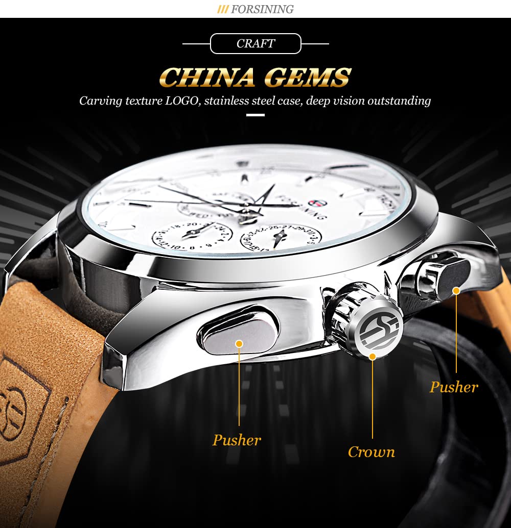 FORSINING Mechanische Armbanduhr Herren Automatische Selbstaufziehende Militäruhr Echtes Lederband Wasserdicht Leuchtend Casual Business
