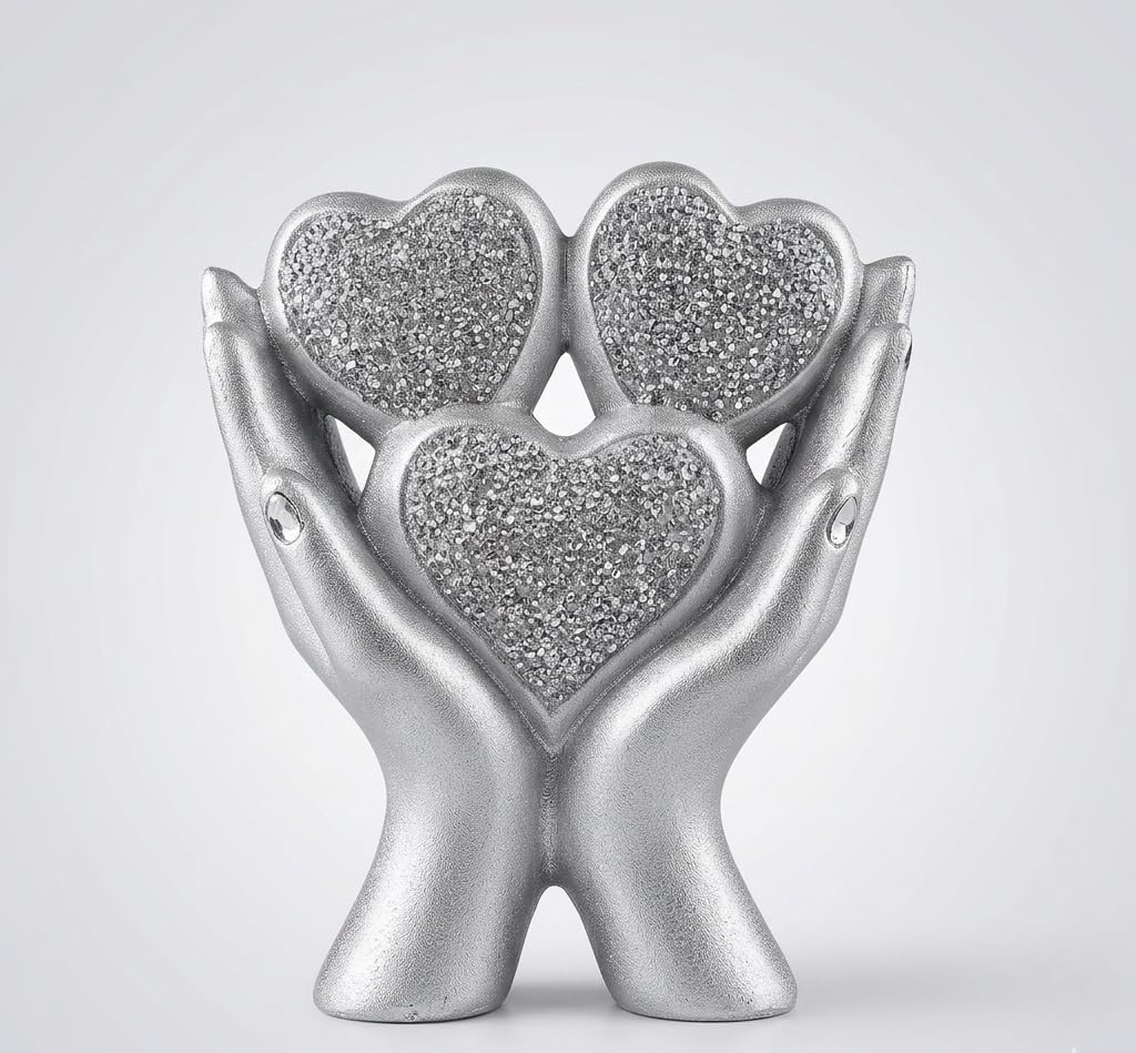 Bargain Brooz Silver Crushed Diamond Two Hands Love Ornament – Ceramic Shelf Sitter Decoration | Sparkling Romantic Home Decor Figurine For Living Room, Bedroom & Wedding Gift
