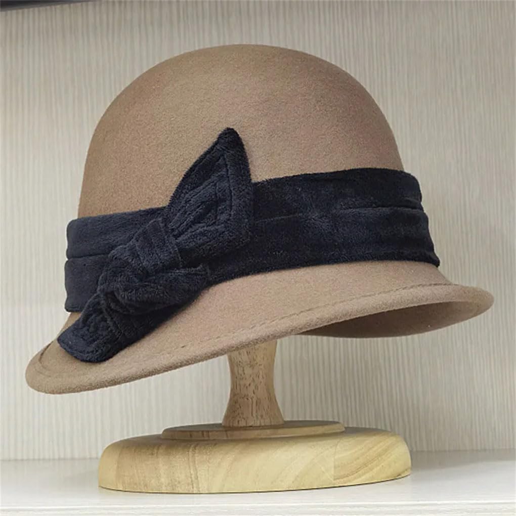 SaoBiiu Cappello a bombetta da donna in lana con fiocco, cappello a cloche arricciato, cappello da chiesa da matrimonio