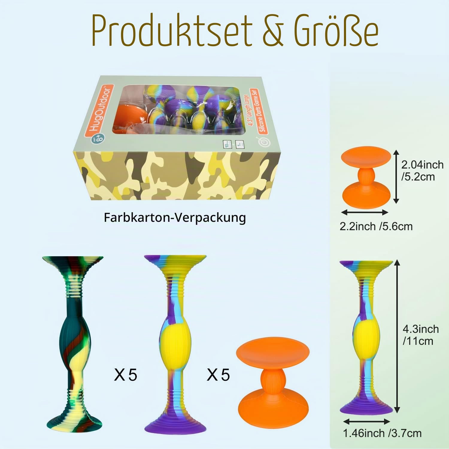 HugOutdoor 10 farbige Saugnapf-Dartpfeile (10,9 cm große Größe), Silikon-Saugnapf, weiche Dartpfeile für Kinder, klebriges Spielzeug, Indoor- und Outdoor-Sportarten, Wurfspiele