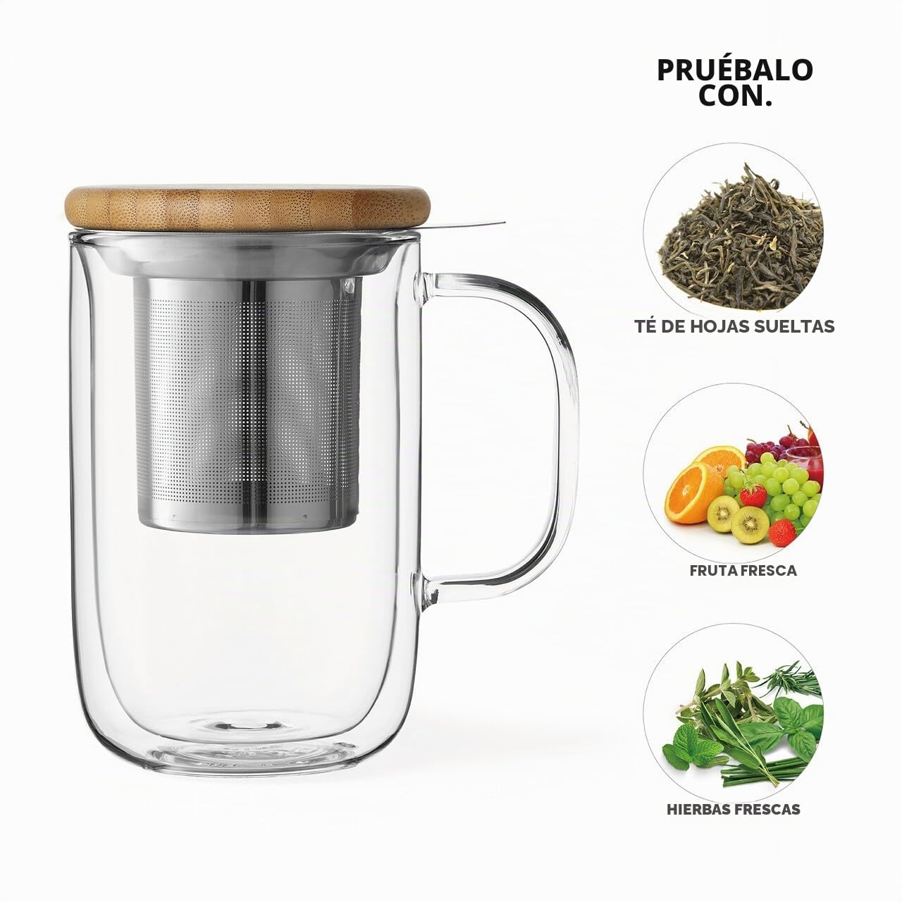 VIVA Taza de Te de Doble Pared con Asa y Colador, Cristal, 500 ml | Cristal termico de doble pared con colador de acero inoxidable, para te en hojas