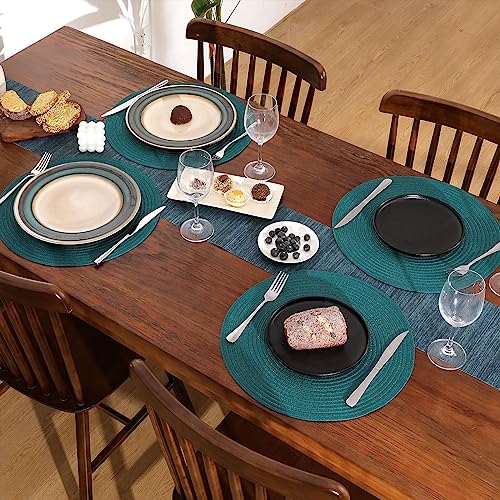 Image of SHACOS Round Placemats Set of 8 Woven Braided Table Placemats 15 inch Circle Place Mats Washable Non Slip Table Mats for Home Wedding Party, Teal Green