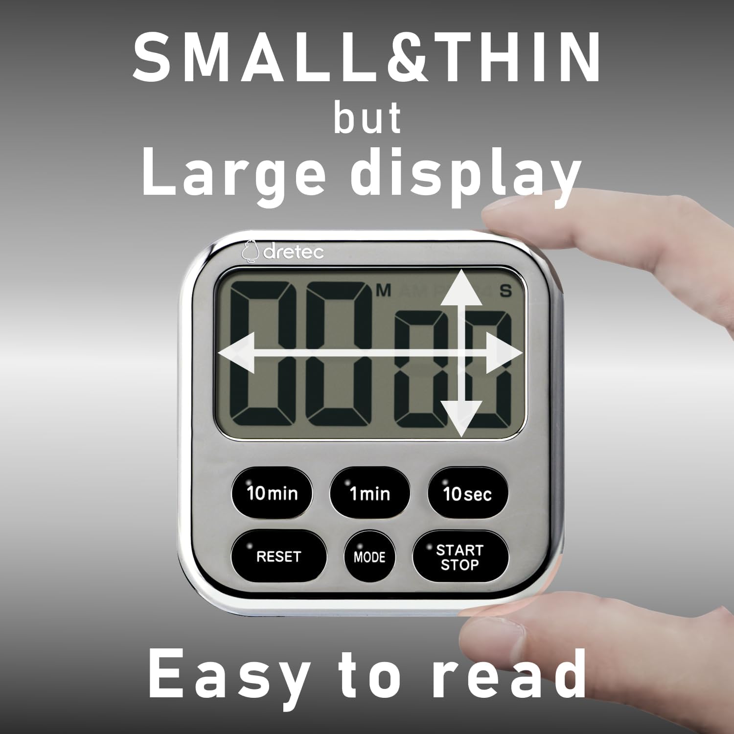 dretec Digital Kitchen Timer showing its small and thin design with a large display