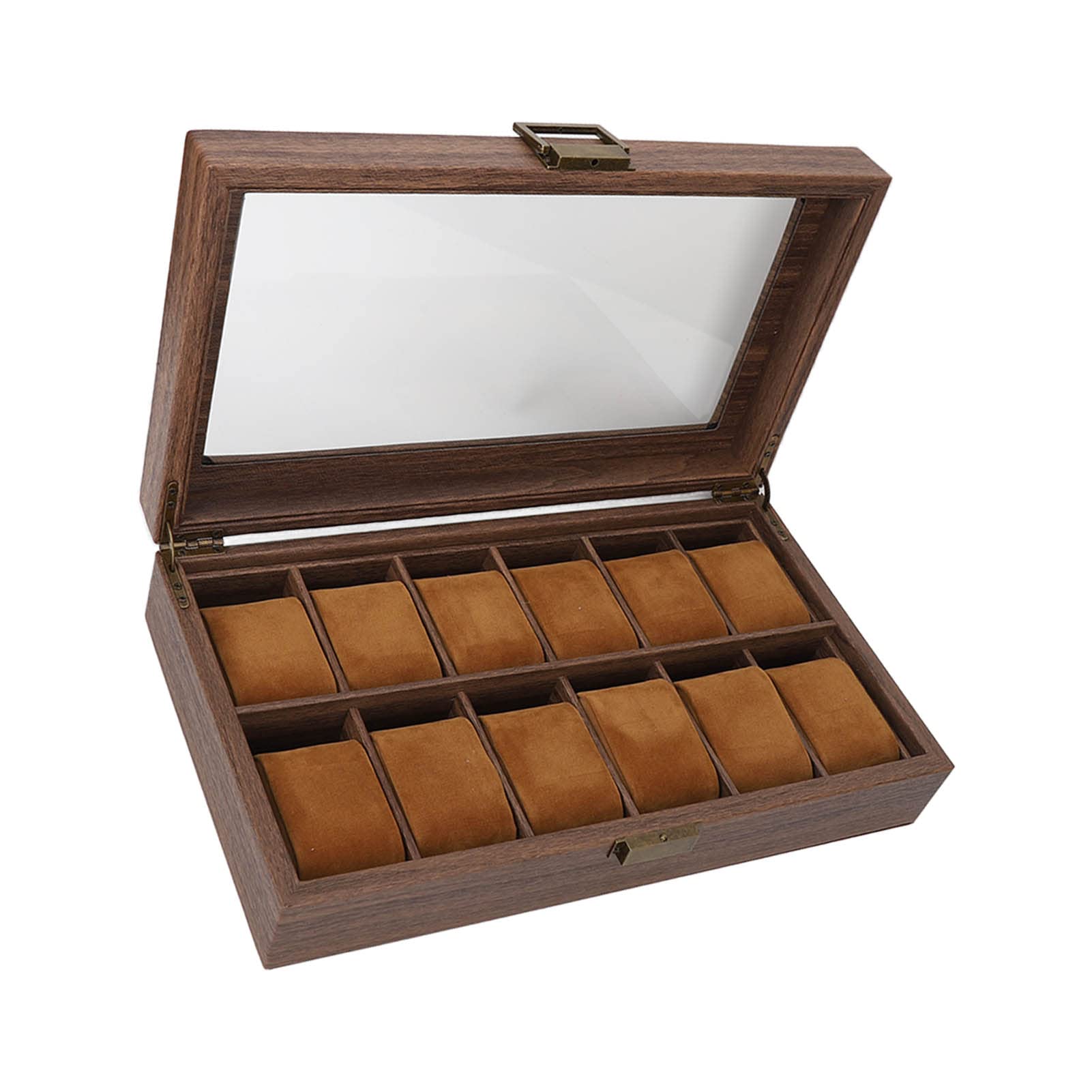 Uhrenbox-Organizer mit 12 Fächern, luxuriöser Uhrenausstellungsbox in Holzmaserung mit ultraglattem PU-Leder-Innenfutter für Herren und Damen, kratzfeste Aufbewahrungsbox für Uhren